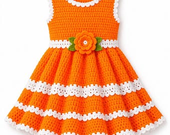 Hand-Crocheted Baby Dress with Flower Accent – White Yellow Skirt, Ages 0-3 Years (Digital Download)
