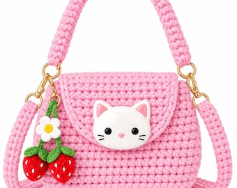Crochet Cat Bag Pattern: Pink Strawberries, Flower Charm (Digital Download)
