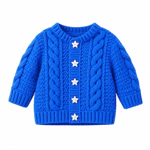 May include: A vibrant royal blue long-sleeve cardigan featuring a chunky cable knit pattern on the front and sleeves. The garment has a round neckline, ribbed cuffs and hem, and is fastened down the centre with five white star-shaped buttons.