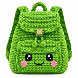 Pode incluir: Uma mochila de croch&ecirc; verde brilhante com um bolso frontal que apresenta um design de rosto sorridente. O rosto inclui olhos pretos com destaques brancos, uma boca preta bordada e duas bochechas circulares cor-de-rosa. Um bot&atilde;o de madeira fecha.