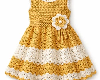 Baby Crochet Dress – Yellow Stripe Flower Outfit (0–24months )