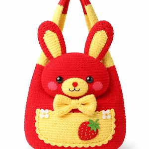 Crochet Bunny Bag Pattern – Kids Tote, Strawberry Apron Design (PDF Download)