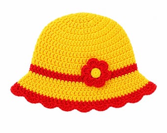 Crochet Baby Hat Pattern: Yellow Red Flower Bucket Hat (Digital Download)