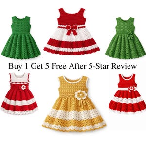 Puede incluir: Seis vestidos de ganchillo hechos a mano y coloridos en varios estilos. Los vestidos son en tonos de verde, rojo, blanco y amarillo. El texto "Buy 1 Get 5 Free After 5-Star Review" se muestra debajo.