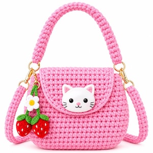 K&ouml;nnte beinhalten: Eine rosa geh&auml;kelte Handtasche mit einem wei&szlig;en Katzenkopf-Emblem auf der Frontklappe. Die Tasche hat einen Tragegriff und einen abnehmbaren Schulterriemen mit goldfarbenen Metallbeschl&auml;gen. Ein Anh&auml;nger mit zwei roten Erdbeeren und einer Blume.