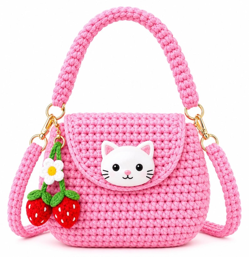 K&ouml;nnte beinhalten: Eine rosa geh&auml;kelte Handtasche mit einem wei&szlig;en Katzenkopf-Emblem auf der Frontklappe. Die Tasche hat einen Tragegriff und einen abnehmbaren Schulterriemen mit goldfarbenen Metallbeschl&auml;gen. Ein Anh&auml;nger mit zwei roten Erdbeeren und einer Blume.