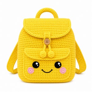 May include: A bright yellow crochet backpack featuring a top handle, a flap closure secured with a single brown button, and two small decorative spheres. The front pocket displays a stitched face with black eyes, a curved mouth, and pink cheeks.