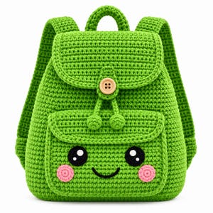 Puede incluir: Una mochila de ganchillo de color verde brillante con una solapa superior asegurada con un botón de madera marrón claro. El bolsillo delantero muestra una cara bordada con ojos negros, una boca negra curvada y dos mejillas rosas redondas.