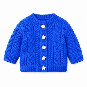 May include: A vibrant royal blue long-sleeve knit cardigan featuring a textured cable knit pattern on the front and sleeves. The garment has a round neckline, ribbed cuffs and hem, and is fastened down the center with five white star-shaped buttons.