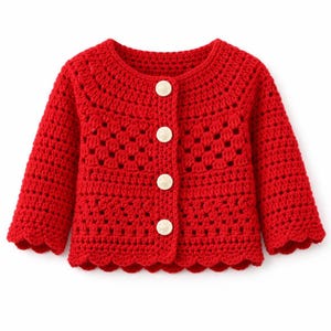 May include: A bright red long-sleeve cardigan featuring a crochet knit pattern with a scalloped hem and cuffs. The garment has a round neckline and is fastened down the front with four round, off-white buttons with a textured surface detail.