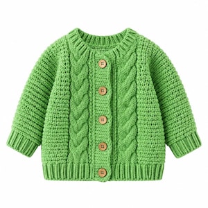 May include: A bright green long-sleeve cardigan featuring a chunky cable knit pattern on the front panels, a ribbed crew neckline, ribbed cuffs, and a ribbed hem. The garment is fastened with five round, light brown wooden buttons down the center.