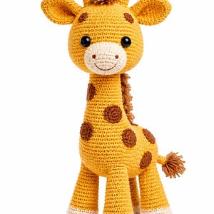 May include: A crocheted giraffe toy, predominantly yellow with brown spots and accents. The giraffe features a long neck, a smiling face, and a small tail. The toy is made with a textured stitch.