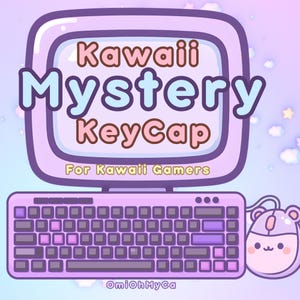 Puede incluir: Ilustración de dibujos animados con un monitor de computadora morado con las palabras "Kawaii Mystery KeyCap" en rosa y azul. Debajo del monitor hay un teclado morado y un ratón con cara de oso. También está presente el texto "For Kawaii Gamers".