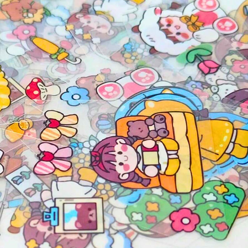 May include: A collection of colorful stickers featuring cartoon illustrations. Designs include a girl in a bed, flowers, mushrooms, umbrellas, and animals. The stickers are in various shapes and sizes, with a transparent background.