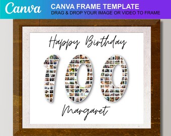 100th Birthday Gift 100 Year Old Gift Ideas 100 Number Photo Collage Birthday Poster DIY Personalized Gift Printable Canva Template