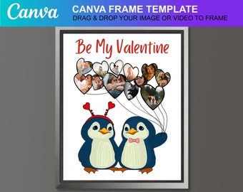 Valentine Penguins photo collage Gift for Couples Love Printable Canva Template Editable Download Digital File
