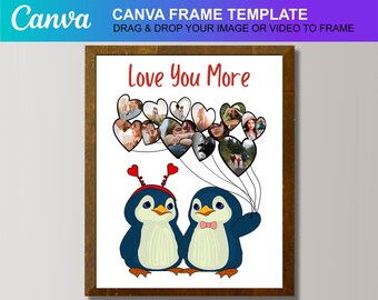 Love you More Penguins photo collage Gift for Couples Love Printable Canva Template Editable Download Digital File