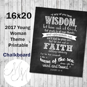 May include: A black and white printable chalkboard sign with a quote from the Bible, James 1:5-6, about asking for wisdom and faith. The quote reads, "If any of you lack wisdom, let him ask of God, that giveth to all men liberally, and upbraideth not; and it shall be given him. But let him ask in faith, nothing wavering. For he that wavereth is like a wave of the sea driven with the wind and tossed."