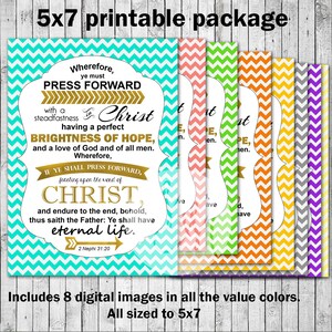 May include: A printable package of 8 digital images featuring a religious quote from the Book of Mormon. The quote is in gold text on a turquoise background with a chevron pattern. The images are available in 8 different colors.