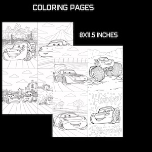 May include: Black and white coloring pages featuring various Cars movie characters. The pages are 8 x 11.5 inches in size and include images of Lightning McQueen and other characters in different scenes. The text "COLORING PAGES" is at the top.