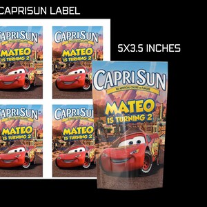 May include: CapriSun label featuring a design for Mateo's 2nd birthday. The label includes images of the character Lightning McQueen from the movie Cars. The label is 5 x 3.5 inches.