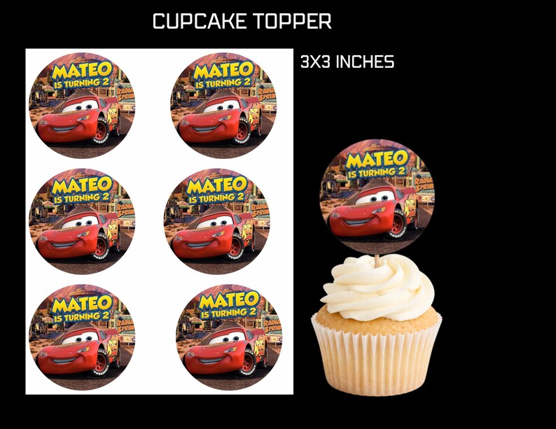 May include: Cupcake toppers featuring a red race car with the text "MATEO IS TURNING 2". The toppers are 3x3 inches in size. A cupcake with white frosting is also shown.