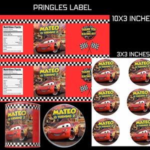 May include: A collection of custom Pringles labels and stickers featuring a red race car graphic. The labels are in various sizes, including 10x3 inches and 3x3 inches, with text that reads "Mateo is Turning 2" and "Thank You for Racing By!"