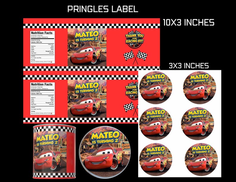 May include: A collection of custom Pringles labels and stickers featuring a red race car graphic. The labels are in various sizes, including 10x3 inches and 3x3 inches, with text that reads "Mateo is Turning 2" and "Thank You for Racing By!"