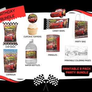 May include: A birthday party bundle featuring a red race car theme. The bundle includes chip bags, CapriSun pouches, cupcake toppers, water bottles, candy bars, Pringles, a party bag, and coloring pages. The text "Mateo is turning 2" is visible on many items.