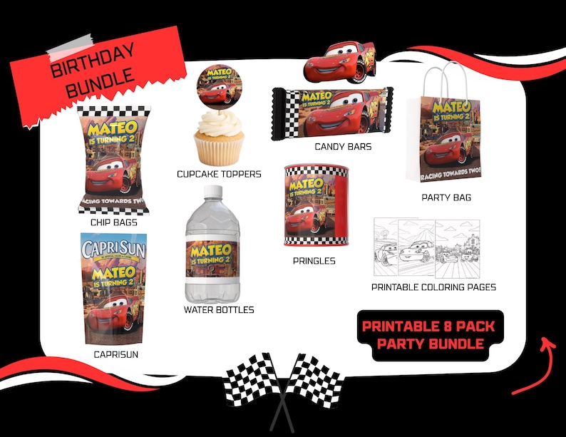 May include: A birthday party bundle featuring a red race car theme. The bundle includes chip bags, CapriSun pouches, cupcake toppers, water bottles, candy bars, Pringles, a party bag, and coloring pages. The text "Mateo is turning 2" is visible on many items.
