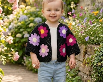 Best Daisy Granny Square Cardigan Crochet Pattern PDF, Summer Boho Crochet Cardigan, Retro Floral Cardigan , 6 to 24 months Instant Download