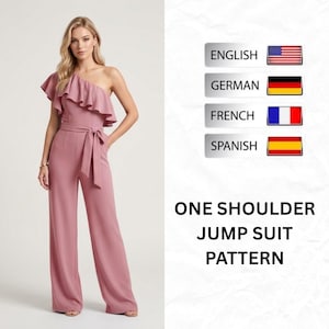 Könnte beinhalten: Staubrosa One-Shoulder-Jumpsuit mit gerüschtem Ausschnitt und weiten Beinen. Der Jumpsuit hat einen passenden Stoffgürtel und gehört zu einer Schnittmusterkollektion. Das Bild enthält den Text "ONE SHOULDER JUMP SUIT PATTERN."