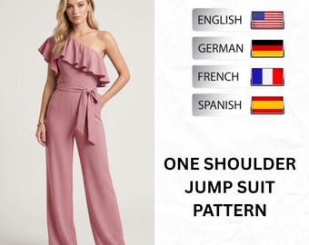 Best One Shoulder Ruffle Jumpsuit Sewing Pattern, Easy Elegant Wide Leg Palazzo Jumpsuit PDF, Bridesmaid Formal Outfit, Digital Pattern
