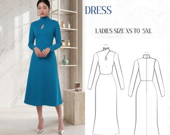 Easy Mock Neck Keyhole Midi Dress Sewing Pattern, Long Sleeve A-Line Modest Dress PDF, Semi-Fitted Elegant Dress, Instant Download (XS-5XL)
