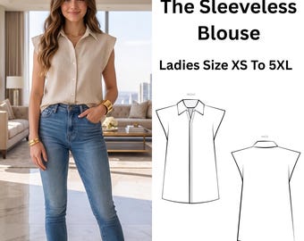 Easy Women's Sleeveless Button Up Shirt Sewing Pattern PDF, Best Collared Blouse Pattern, Summer Top, XS-5XL, Instant Download