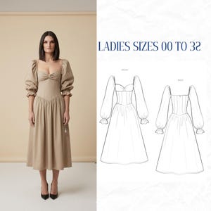 May include: A beige midi dress with a sweetheart neckline, puff sleeves, and a fitted bodice. The dress is paired with black heels. Next to the dress is a line drawing of the dress with the text "LADIES SIZES 00 TO 32".
