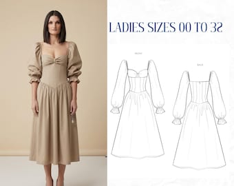 Easy Basque Waist Milkmaid Dress Sewing Pattern PDF, Puff Sleeve Midi Dress Pattern, Sweetheart Neck Corset Bodice Dress, Cottagecore Dress
