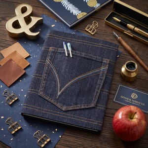May include: A dark blue denim notebook cover featuring a back pocket design with contrast stitching, two pens tucked into the pocket, a gold ampersand, leather swatches, gold binder clips, a fountain pen, an inkwell, and a red apple.