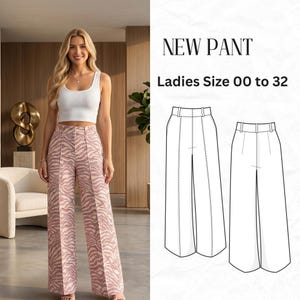 Könnte beinhalten: Eine Frau trägt eine hoch taillierte Hose mit weitem Bein und einem rosa-weißen Zebrastreifenmuster. Sie trägt ein weißes Crop-Top. Das Bild enthält eine Strichzeichnung der Hose und den Text "NEW PANT Ladies Size 00 to 32."