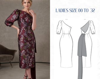 Best Asymmetrical One Shoulder Dress Pattern One Sleeve Midi Dress Sewing Pattern Elegant Brocade Cocktail Dress Open Back Evening Dress PDF