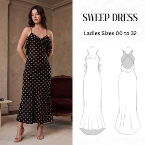 May include: A black polka dot dress with spaghetti straps and a ruffled neckline. The dress is floor-length and has a flared hem. The text "SWEEP DRESS" and "Ladies Sizes 00 to 32" are visible.