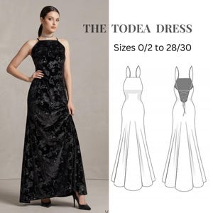 Puede incluir: Vestido de terciopelo negro con cuello halter y estampado floral. El vestido largo tiene un corpiño ajustado. El texto "THE TODEA DRESS" y "Sizes 0/2 to 28/30" son visibles.