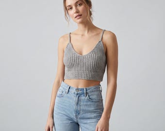 Gestrickte Bralette Top Muster PDF, Gerippte Crop Cami Strickmuster, Spaghetti Strap Sommer Tank Top, Minimalistische Strick Bralette, Größe XS-5XL