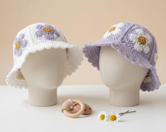 Häkelanleitung für einen Gänseblümchen-Sonnenhut | Häkelanleitung für Baby- und Kleinkindmütze (PDF) | Quadratischer Sonnenhut mit Blumenmuster | Einfache Sommerhäkelanleitung für Anfänger