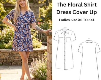 Easy Floral Shirt Dress PDF | Button Front Mini Dress | Casual Summer Dress | Lightweight Vacation Outfit | Fit Beach Cover Up | XS To 5XL