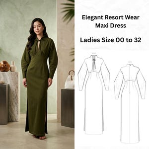 May include: An olive green maxi dress with long sleeves and a keyhole neckline. The dress has a high waist and a slit on the side. The image also includes a line drawing of the dress and the text "Elegant Resort Wear Maxi Dress Ladies Size 00 to 32."