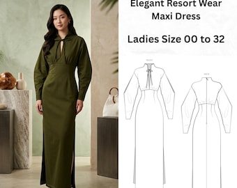 Easy Elegant Long Sleeve Resort Maxi Dress Sewing Pattern PDF, Keyhole Neck Bodycon Dress, Side Slit Modest Evening Gown, Women Formal Dress