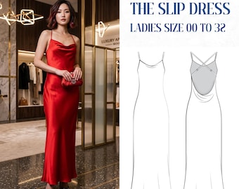 Best Cowl Neck Slip Dress Sewing Pattern PDF | Easy Bias Cut Satin Backless Maxi Dress | Spaghetti Strap Dress Pattern | Instant Download