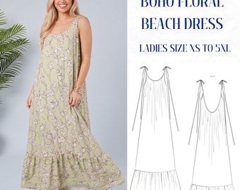 Easy Boho Floral Maxi Dress Pattern PDF, Sleeveless Flowy Summer Sundress Sewing Pattern, Spaghetti Strap Loose Fit Dress , XS-5XL Download
