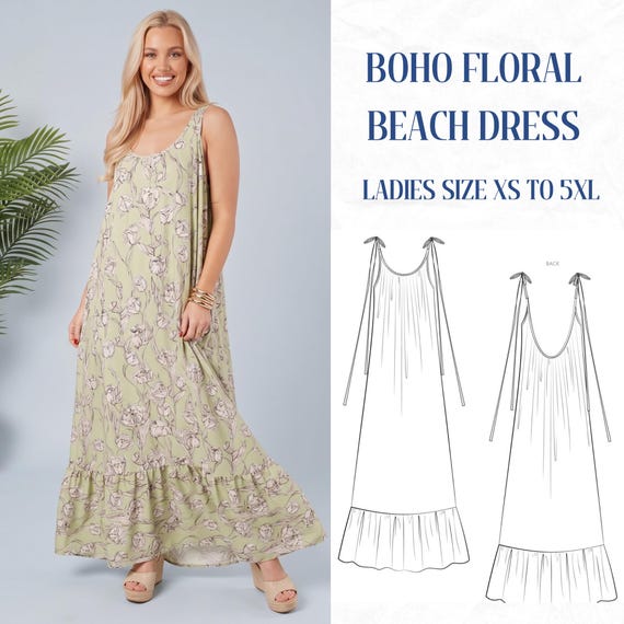 Easy Boho Floral Maxi Dress Pattern PDF, Sleeveless Flowy Summer Sundress Sewing Pattern, Spaghetti Strap Loose Fit Dress , XS-5XL Download